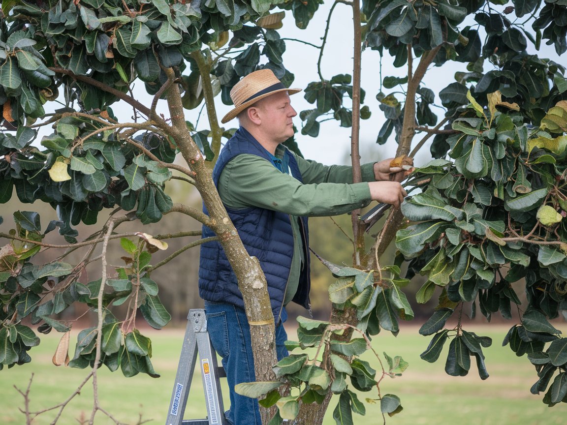 A photo of a man pruning a tree standing on a ladder and is wearing a green shirt a blue vest and a straw hat