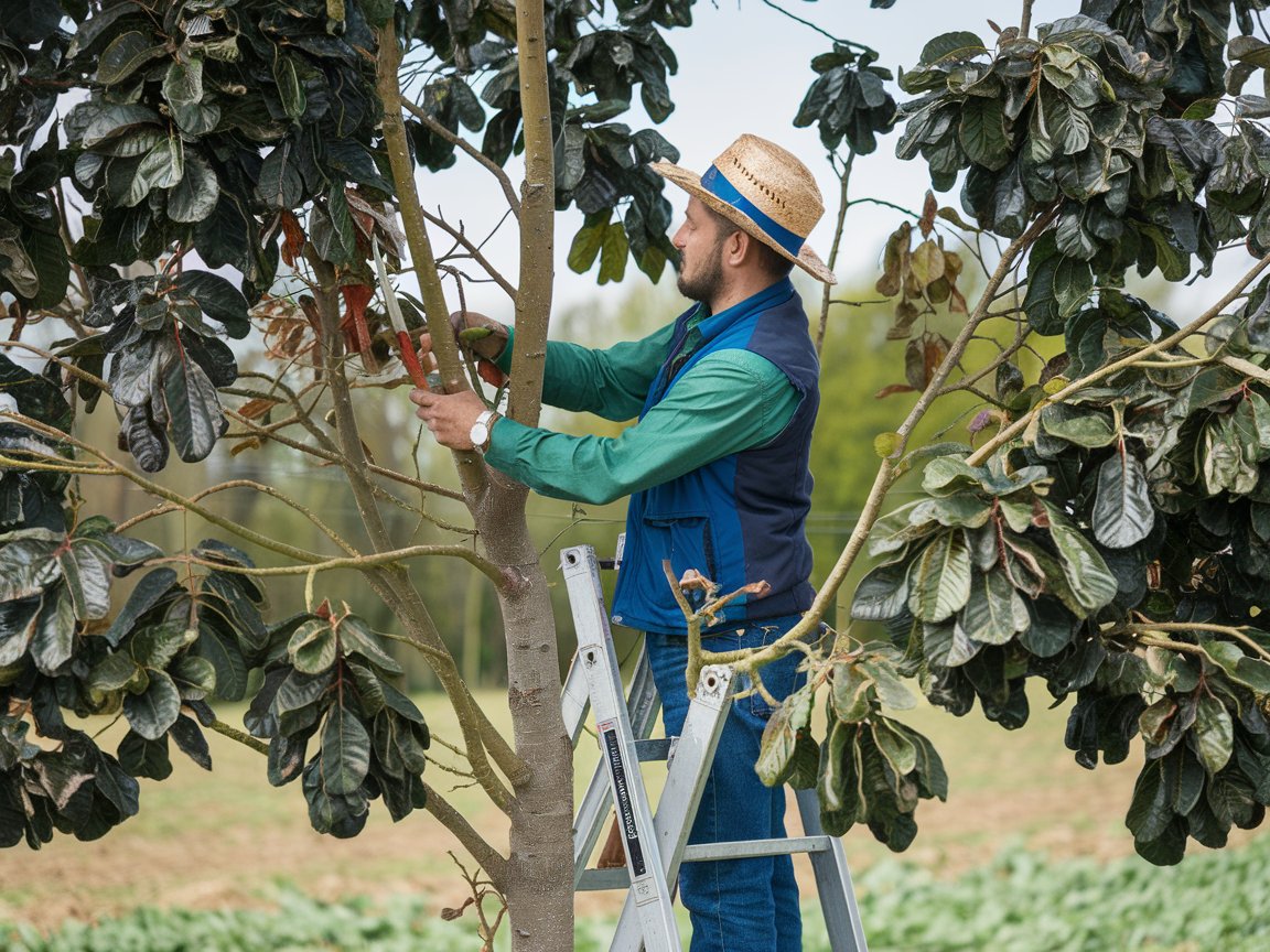 A photo of a man pruning a tree