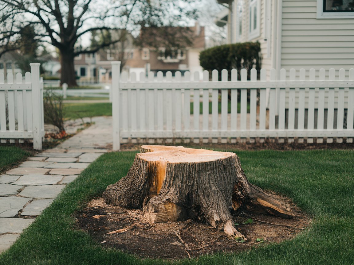 a tree stump in a residential area